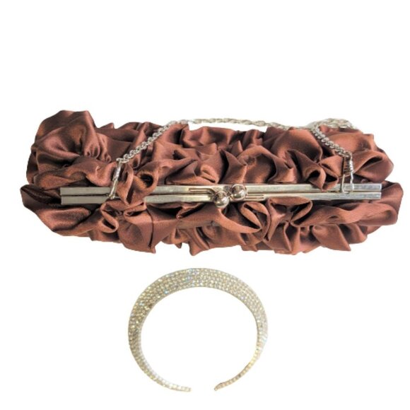 Chocolate Brown Satin Ruffle Evening Clutch Purse - Picture 2 of 8
